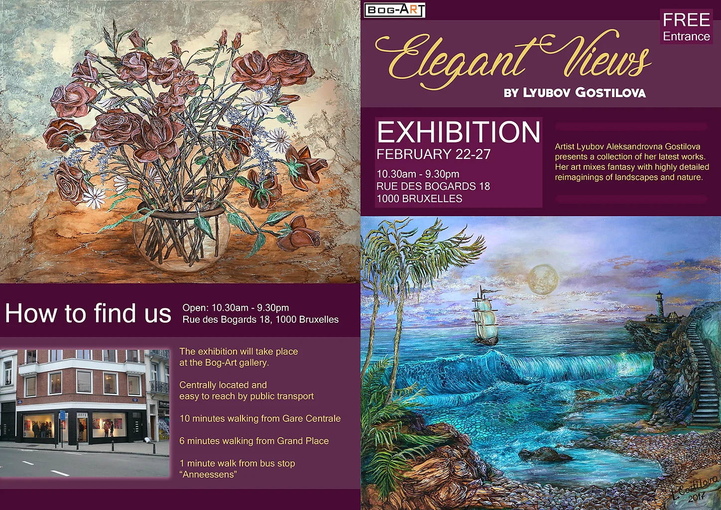 Affiche. Bog-Art Gallery. Exposition de peintures. Elegant views by Lyubov Gostilova. 2018-02-22